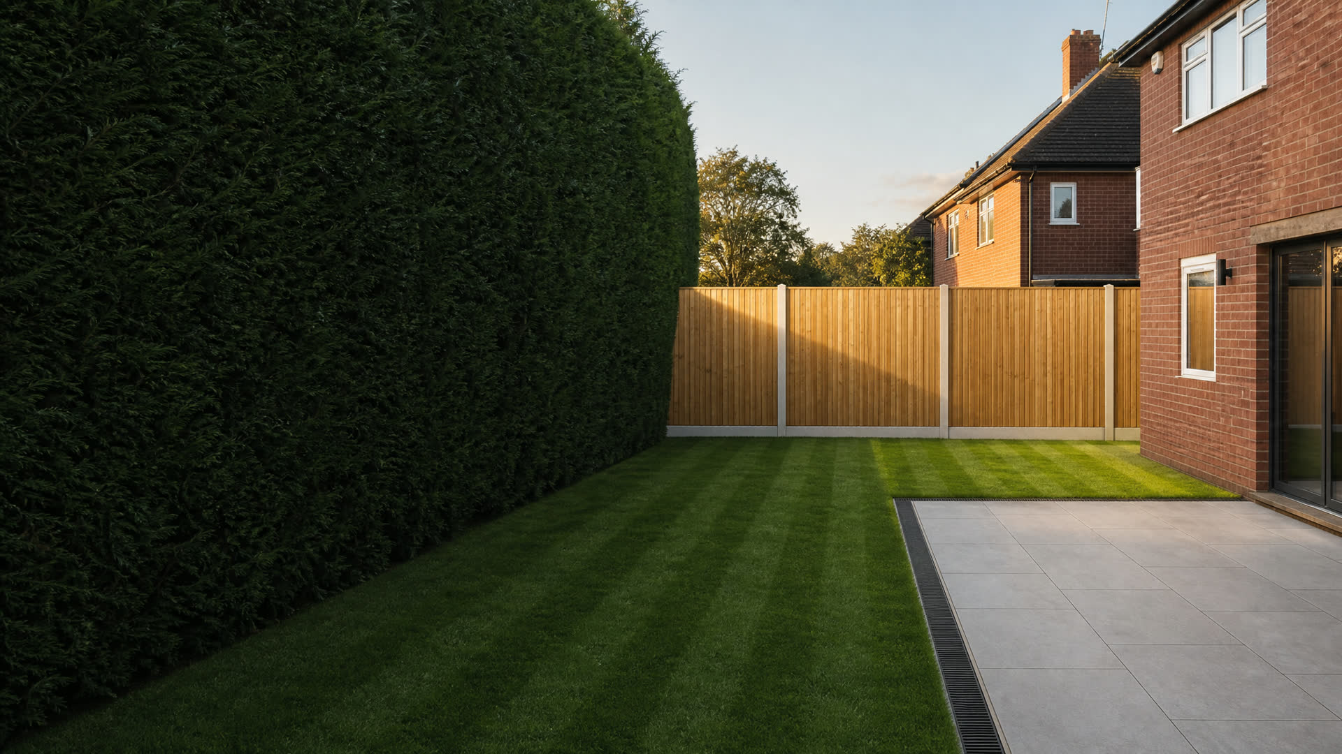 A landscaped garden with a lawn, porcelain patio and timber fence